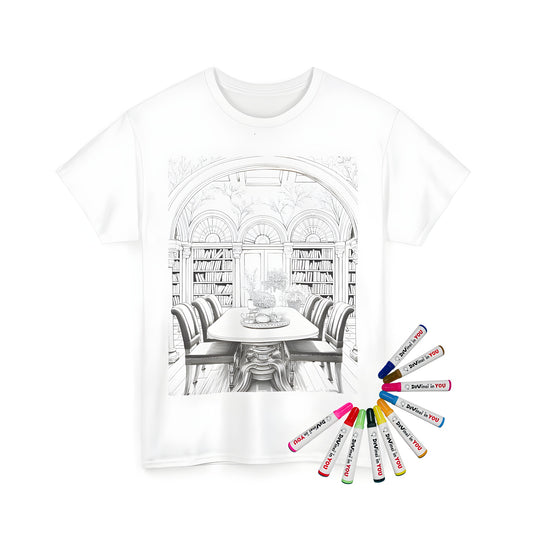 Unisex t-shirt with interior scene coloring page design featuring library room illustration and fabric markers