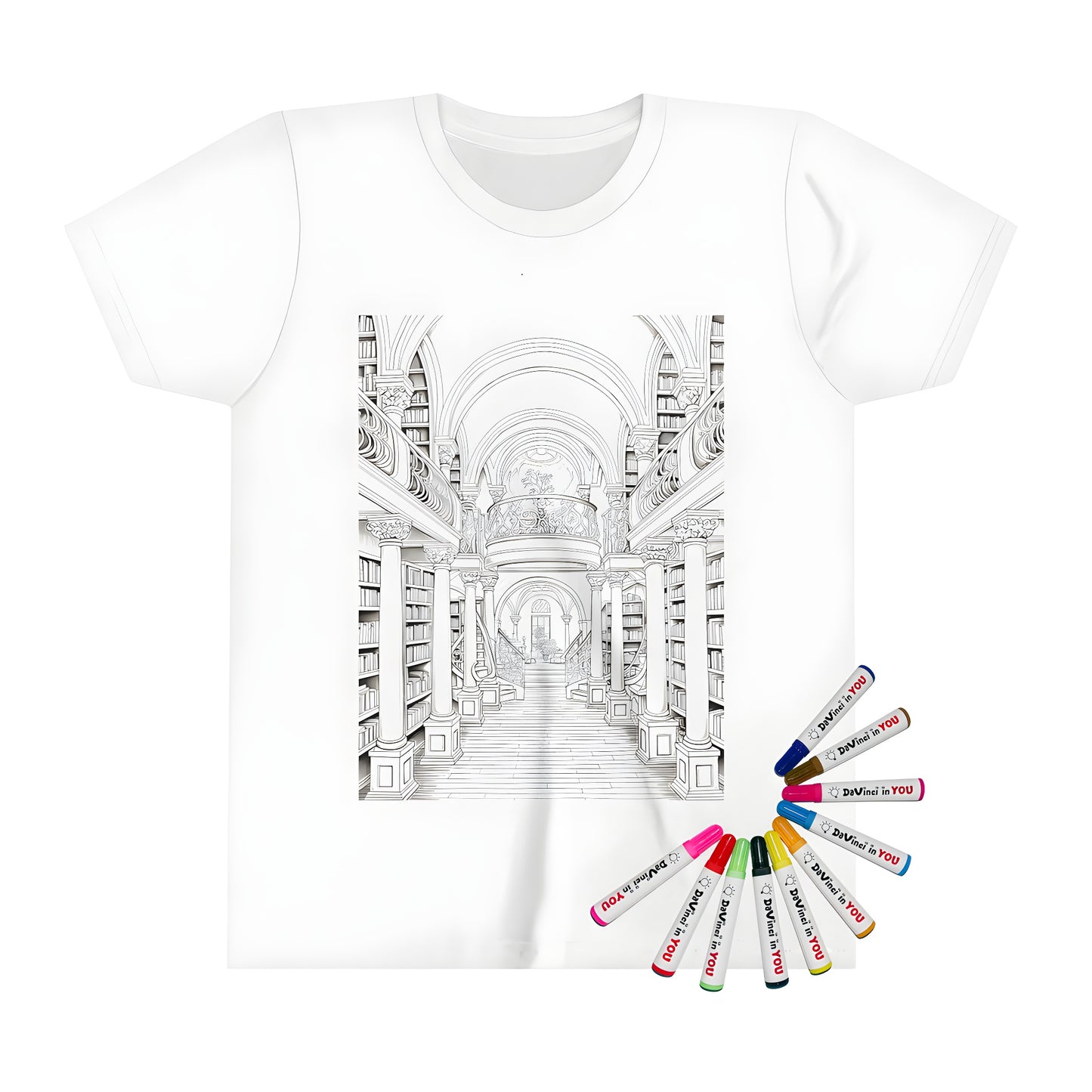 Kids' t-shirt featuring a colorful library interior scene with bookshelves, arches, columns, and a central staircase