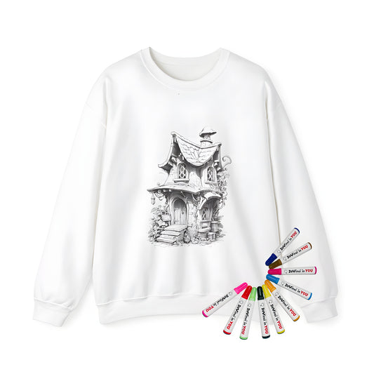 Adult sweatshirt with whimsical fairytale cottage illustration, mushroom chimney and vines, perfect for coloring book fans, fantasy enthusiasts, and fairy tale lovers alike. Including fabric markers for a fun twist on traditional art.