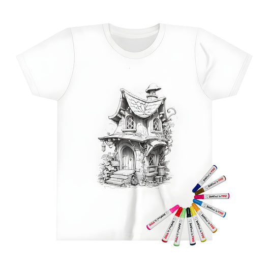 Whimsical fairytale cottage illustration on a kid's t-shirt with fabric markers