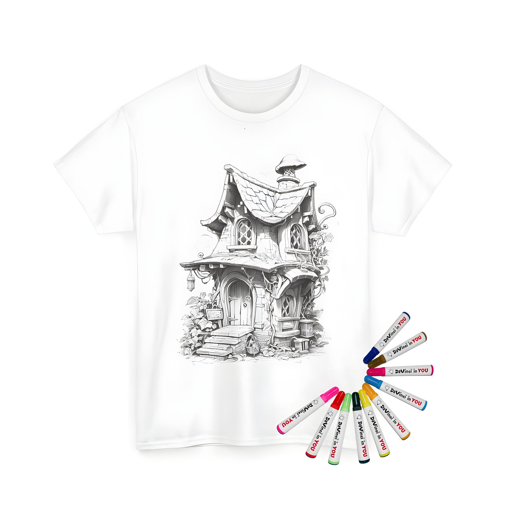 Whimsical fairytale cottage t shirt design featuring a detailed illustration of a mushroom chimney and surrounding vines and plants.