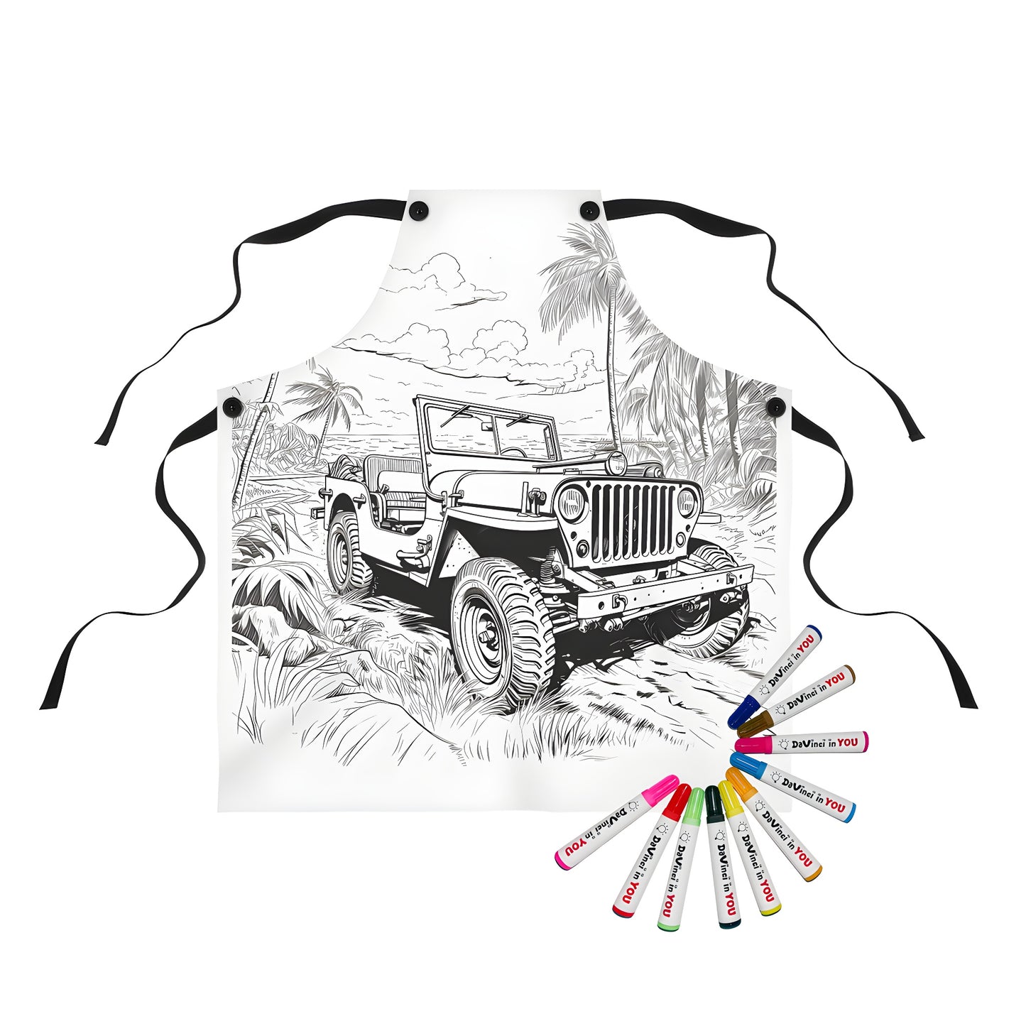 Coloring apron featuring an illustrated jeep on a sandy beach path, surrounded by palm trees and tropical scenery