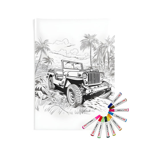 Coloring jeep wall tapestry decor for home office, An illustrated desert cruiser on a beach path, surrounded by palm trees and tropical scenery.