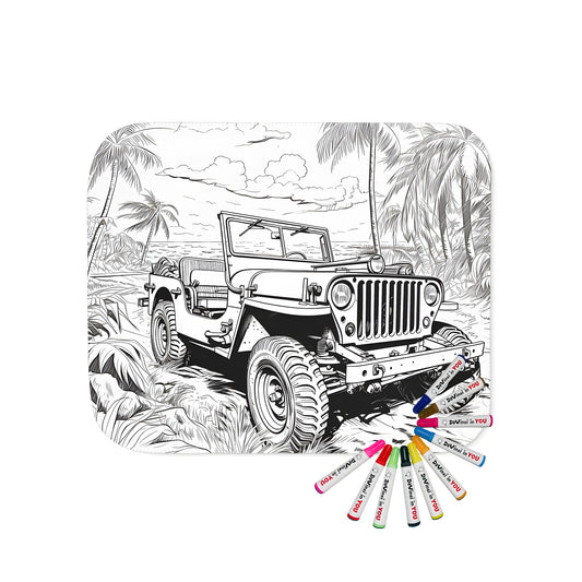 Coloring blanket with jeep design, sandy beach path, palm trees, tropical scenery and clear ocean skies