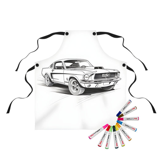 Apron for kids and adults featuring a vintage 1960s Mustang car illustration design, ideal for art enthusiasts and muscle car fans