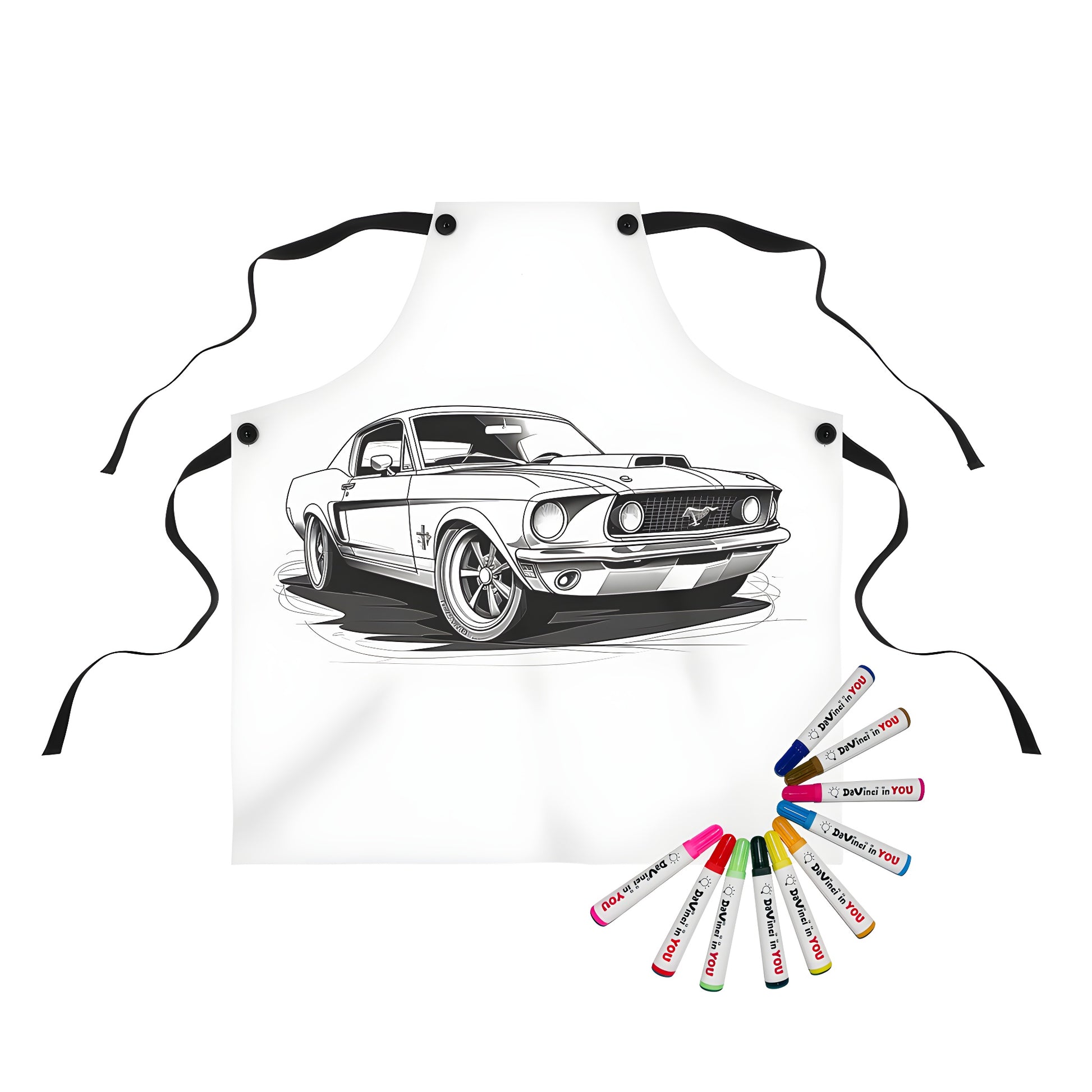 Vintage Muscle Car Apron with Fabric Markers for Adults and Kids - Black and White Mustang Illustration Design