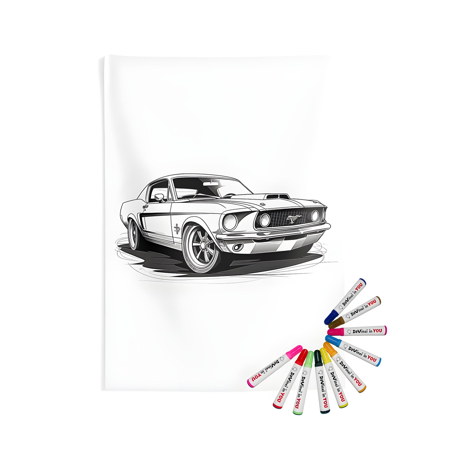 Classic car wall tapestry for bedroom decor, featuring an illustration of a vintage Mustang