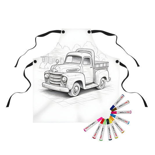 Coloring apron featuring an outline drawing of an old pickup truck parked in front of a house, surrounded by trees, waiting to be colored.