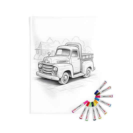 Vintage Pickup Truck Coloring Page on Indoor Wall Tapestry