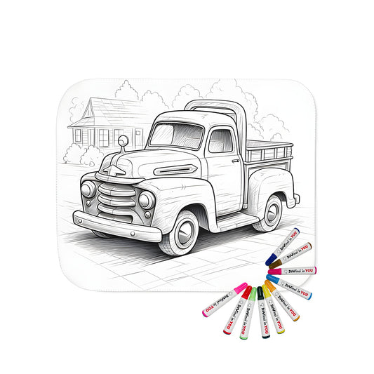 Blanket with vintage truck outline drawing design