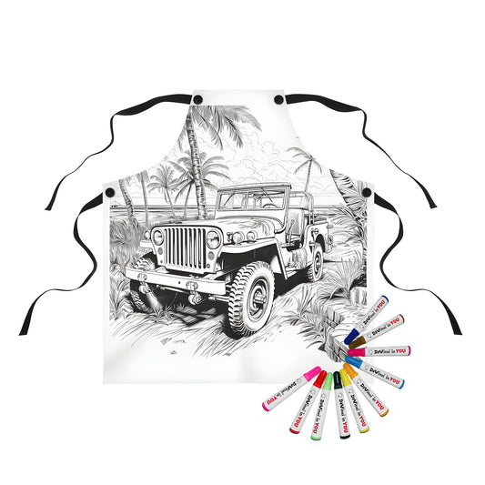 Vintage off-road vehicle coloring apron with tropical island landscape and fabric markers