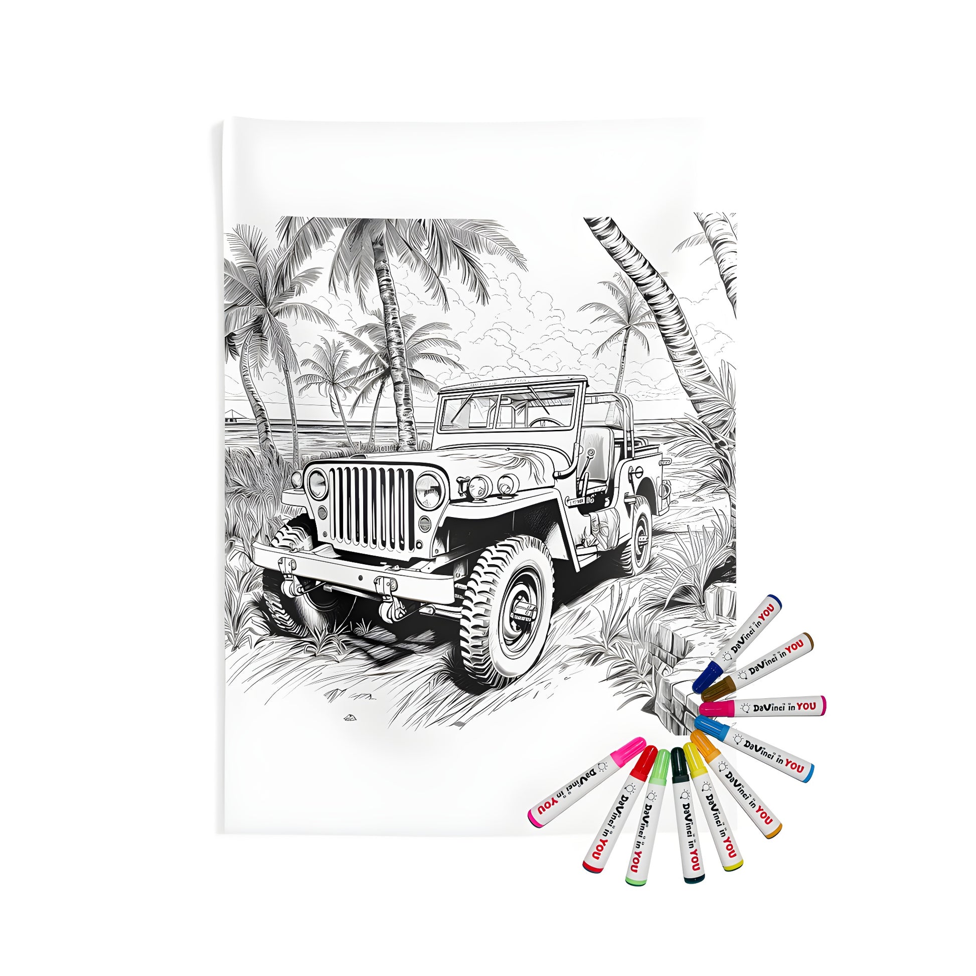 Coloring kit for indoor wall tapestries featuring an off-road vehicle on a tropical beach with palm trees, including fabric markers