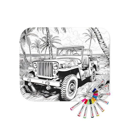 Cozy blanket with a vintage truck illustration, perfect for outdoor enthusiasts and fans of adventure