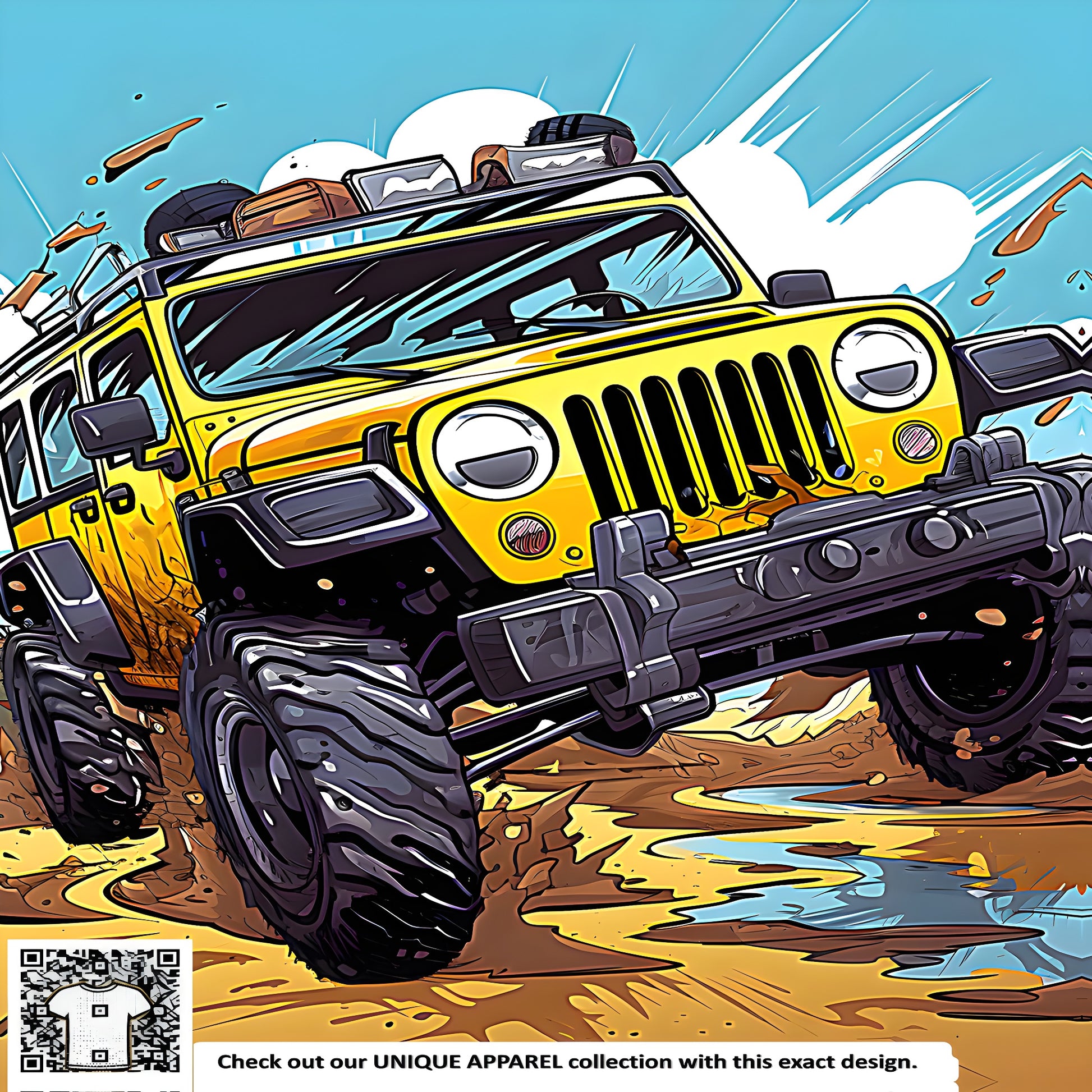 Vibrant jeep navigating muddy off-road trail with palm trees