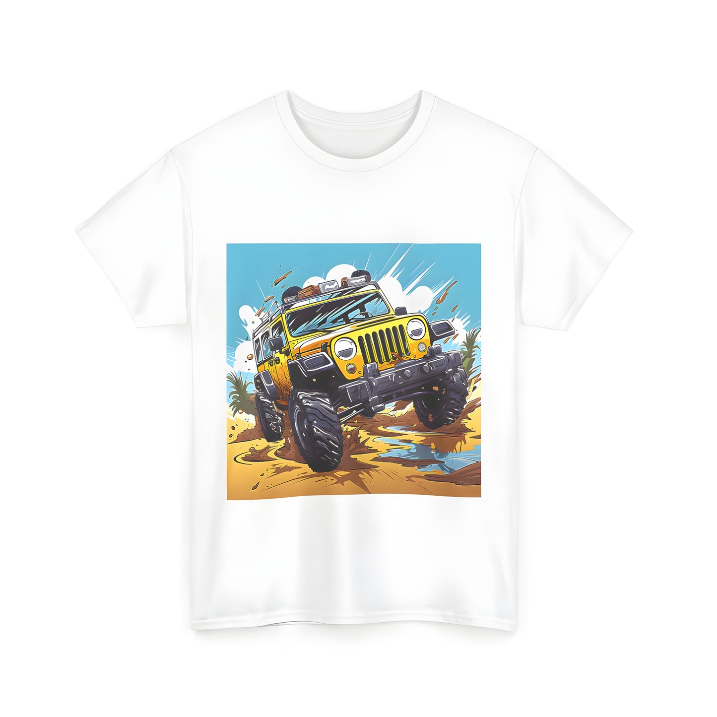 Unisex t-shirt featuring an off-road jeep illustration with vibrant colors and palm trees