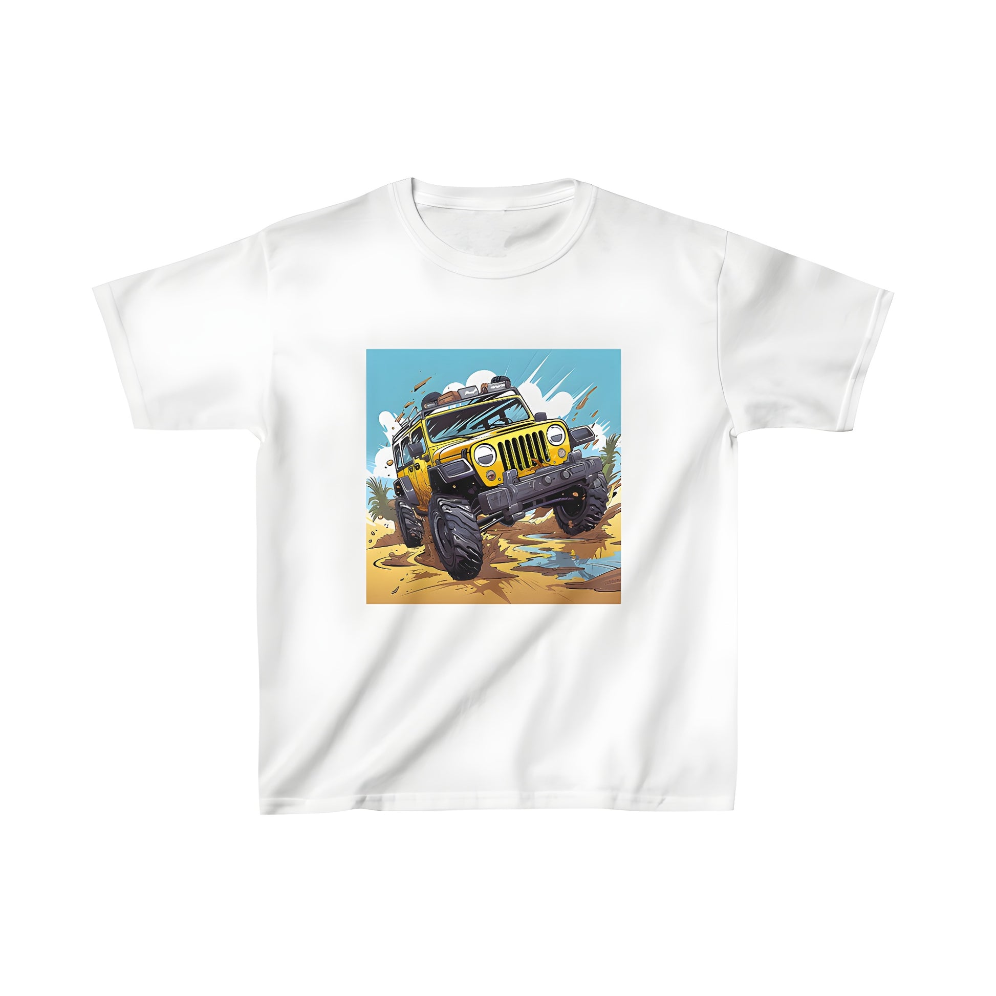 Colorful Kid's T-shirt featuring an exciting muddy off-road adventure jeep illustration on front with palm trees and bright blue skies