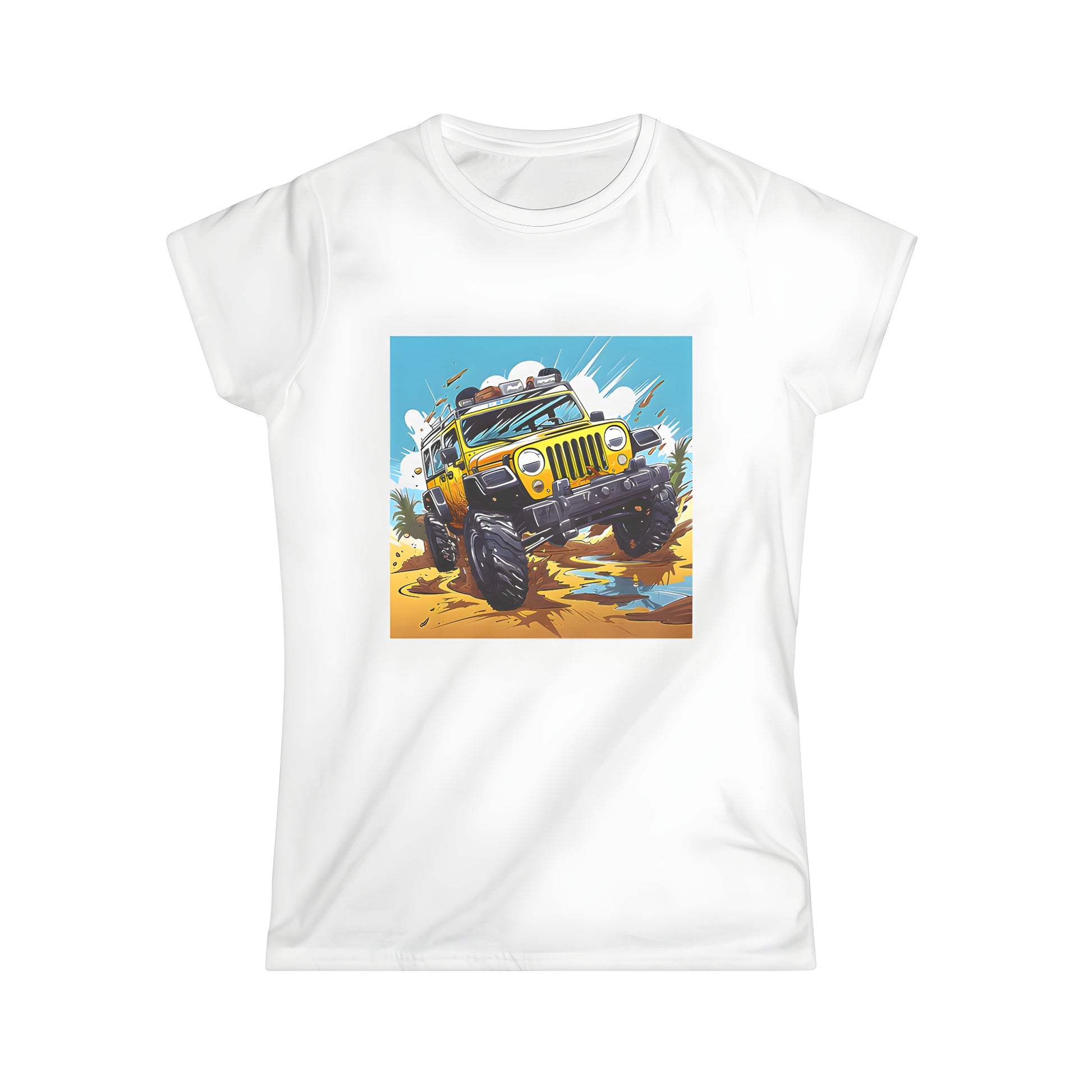 Vibrant illustration of a woman wearing a t-shirt with an off-road jeep graphic tee, featuring a yellow jeep navigating through muddy terrain amidst palm trees and sunny skies.