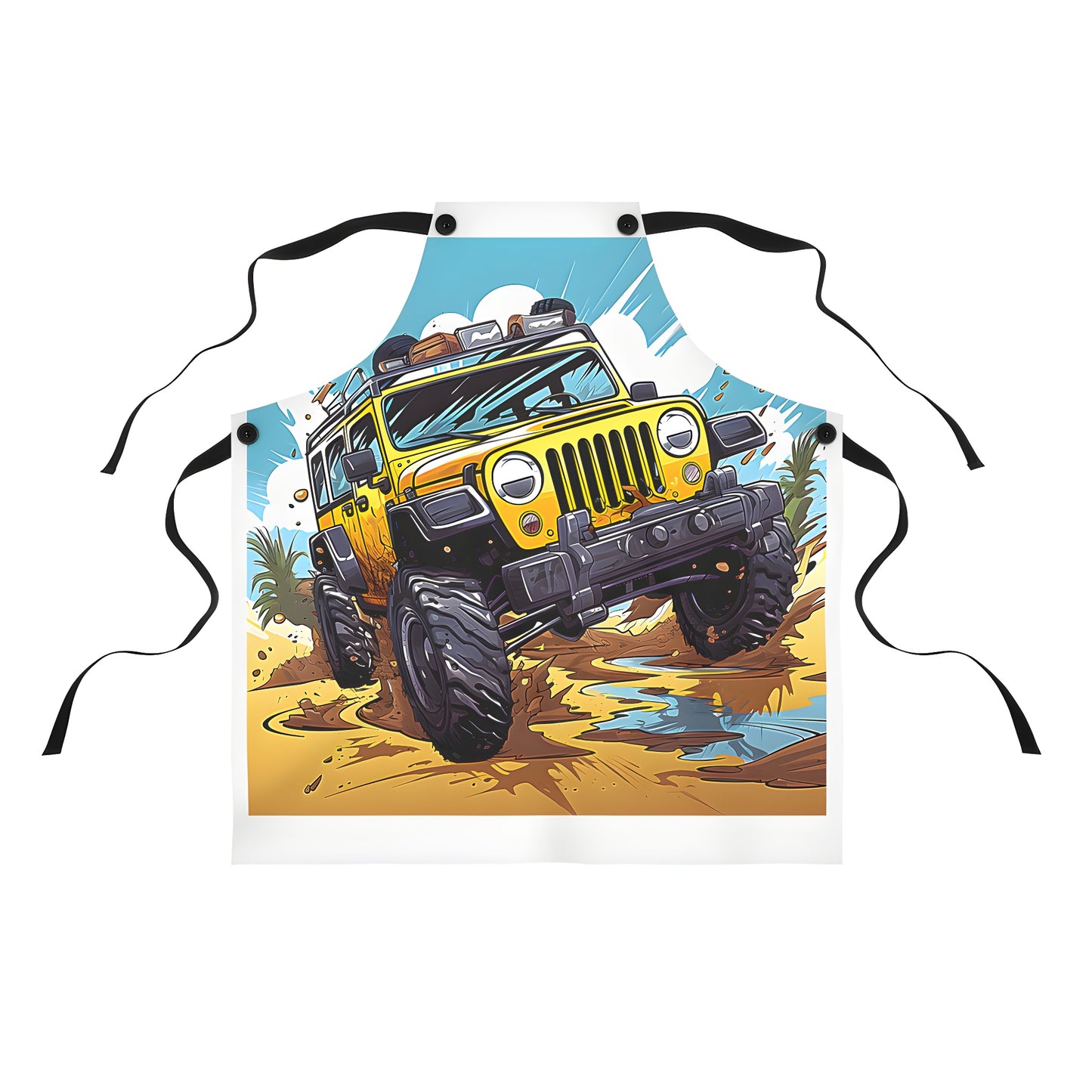 Colorful apron with fun off-road jeep design, perfect for outdoor enthusiasts