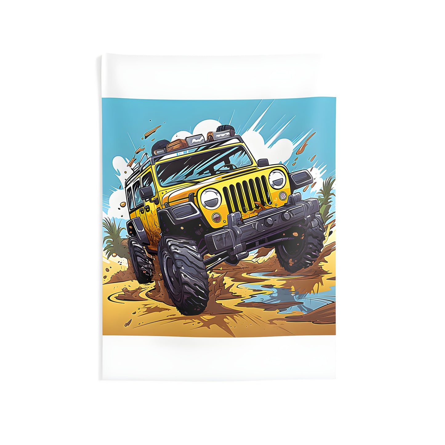 Vibrant indoor wall tapestry featuring an off-road jeep, adventure jeep artwork, desert jeep illustration