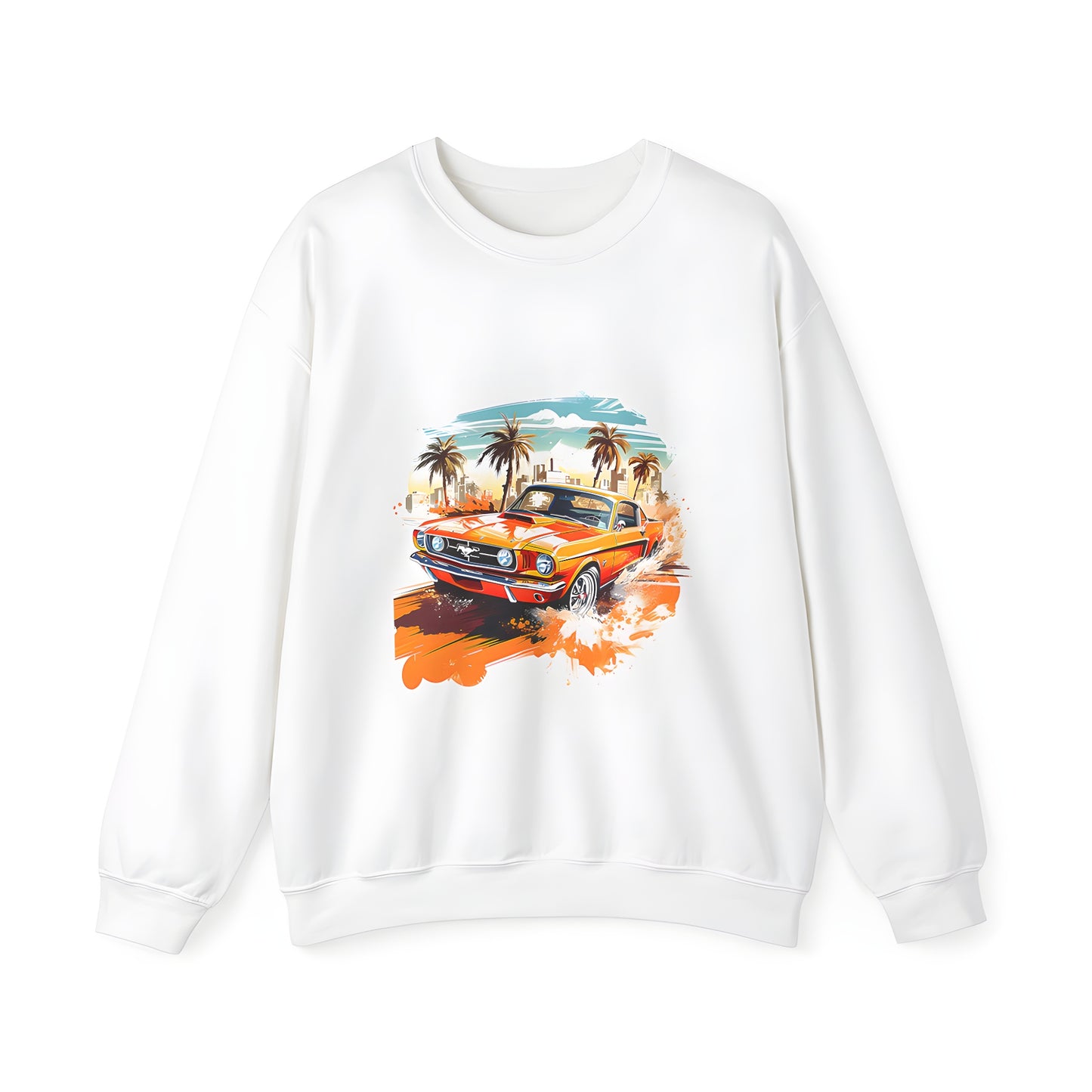 Adult sweatshirt featuring an iconic vintage muscle car illustration with palm trees and city buildings