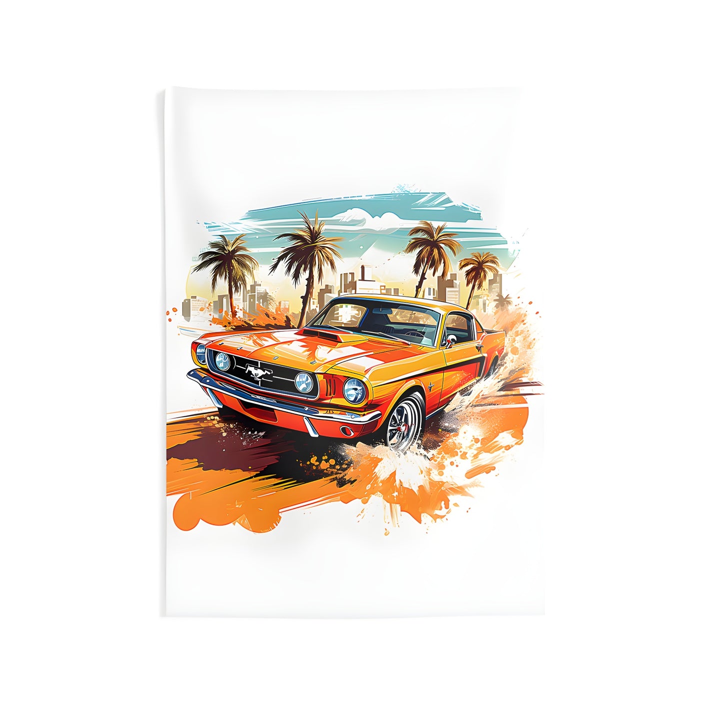 Colorful indoor wall tapestry featuring an illustration of a vintage orange muscle car speeding past palm trees and city buildings.