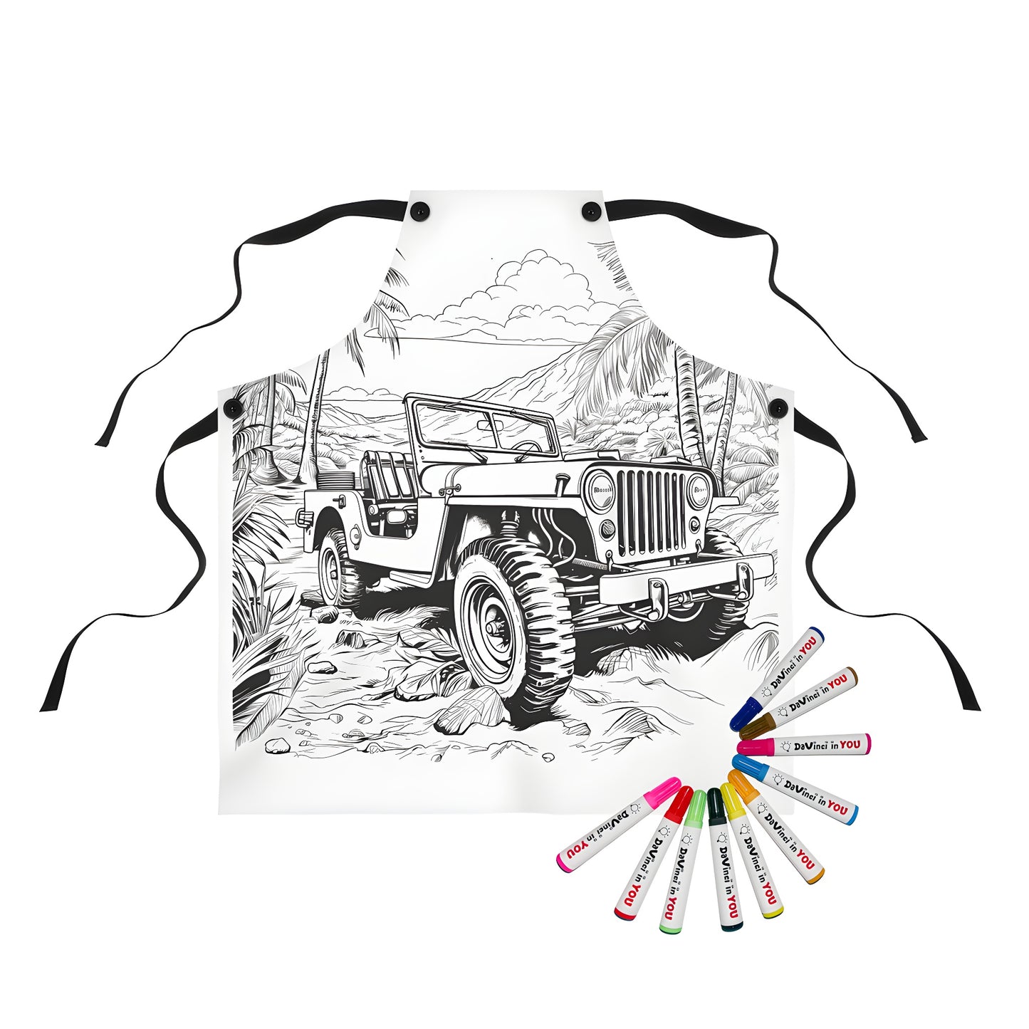 Coloring apron featuring a detailed illustration of an off-road vehicle in a tropical landscape with palm trees and mountains