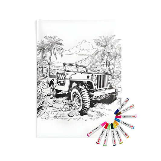 Off-Road Vehicle Decor Indoor Wall Tapestry with Tropical Landscape Design - Jeep, Car, SUV Alternative