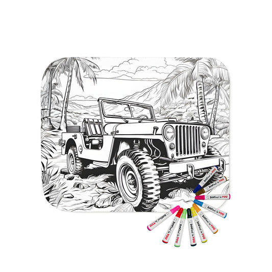 A cozy blanket featuring a vibrant illustration of an off-road truck in a tropical landscape with palm trees and mountains