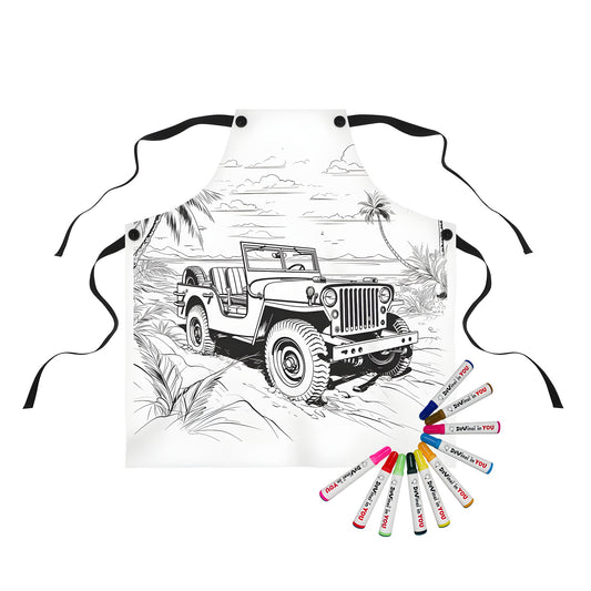 Aprons featuring coloring pages of off-road vehicles parked on sandy beaches with palm trees and scenic backdrops.