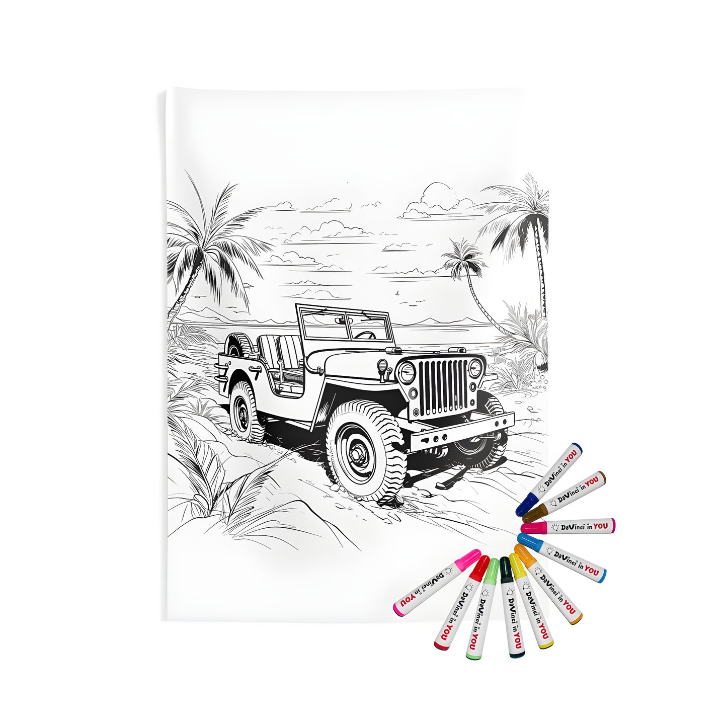 Colorful jeep parked on a sandy beach wall tapestry