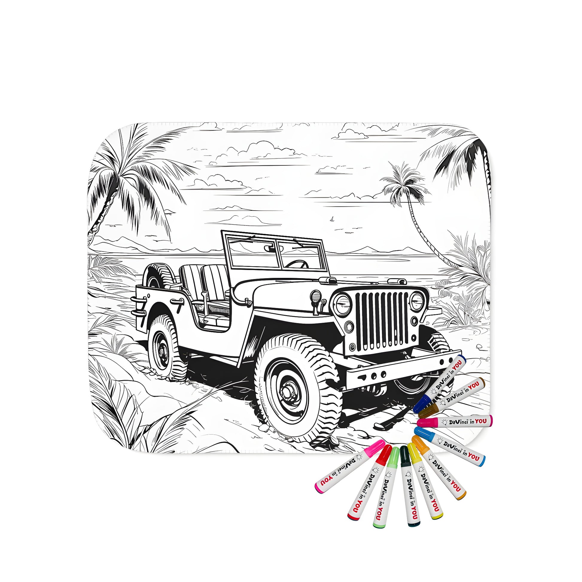 Blanket featuring a vibrant jeep scene with a beach landscape, palm trees and a scenic backdrop