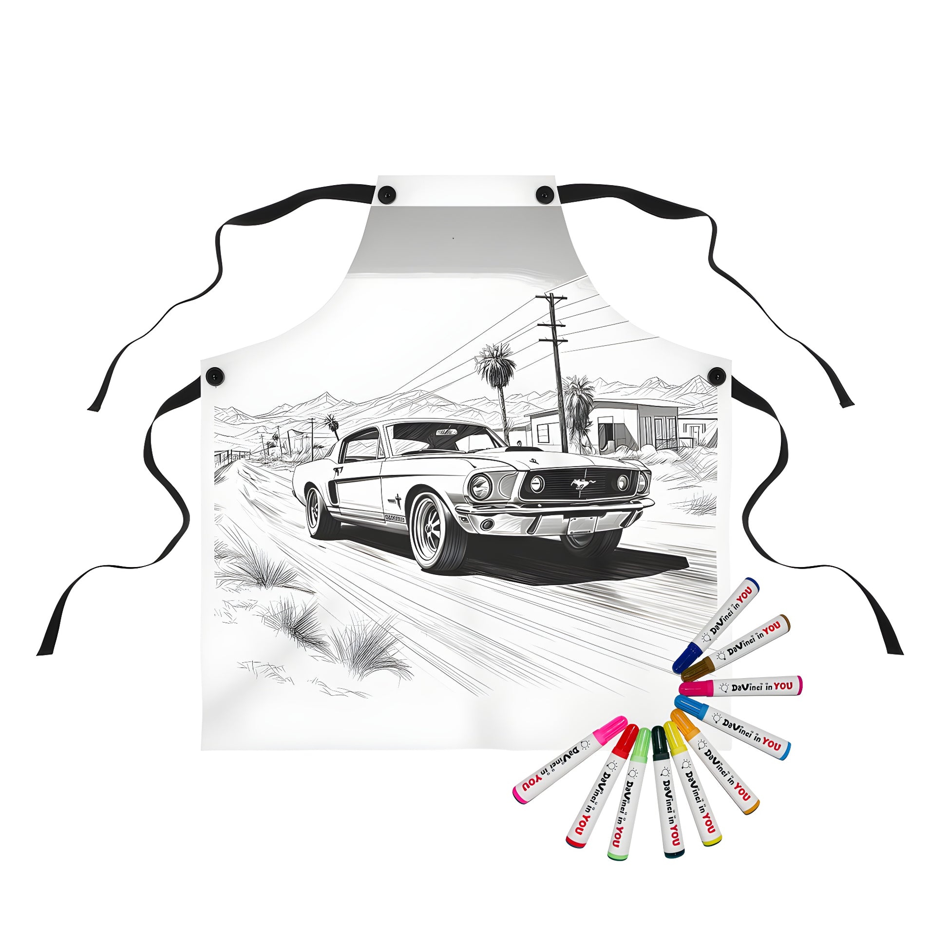 Apron coloring kit with 10 fabric markers featuring a classic American muscle car design