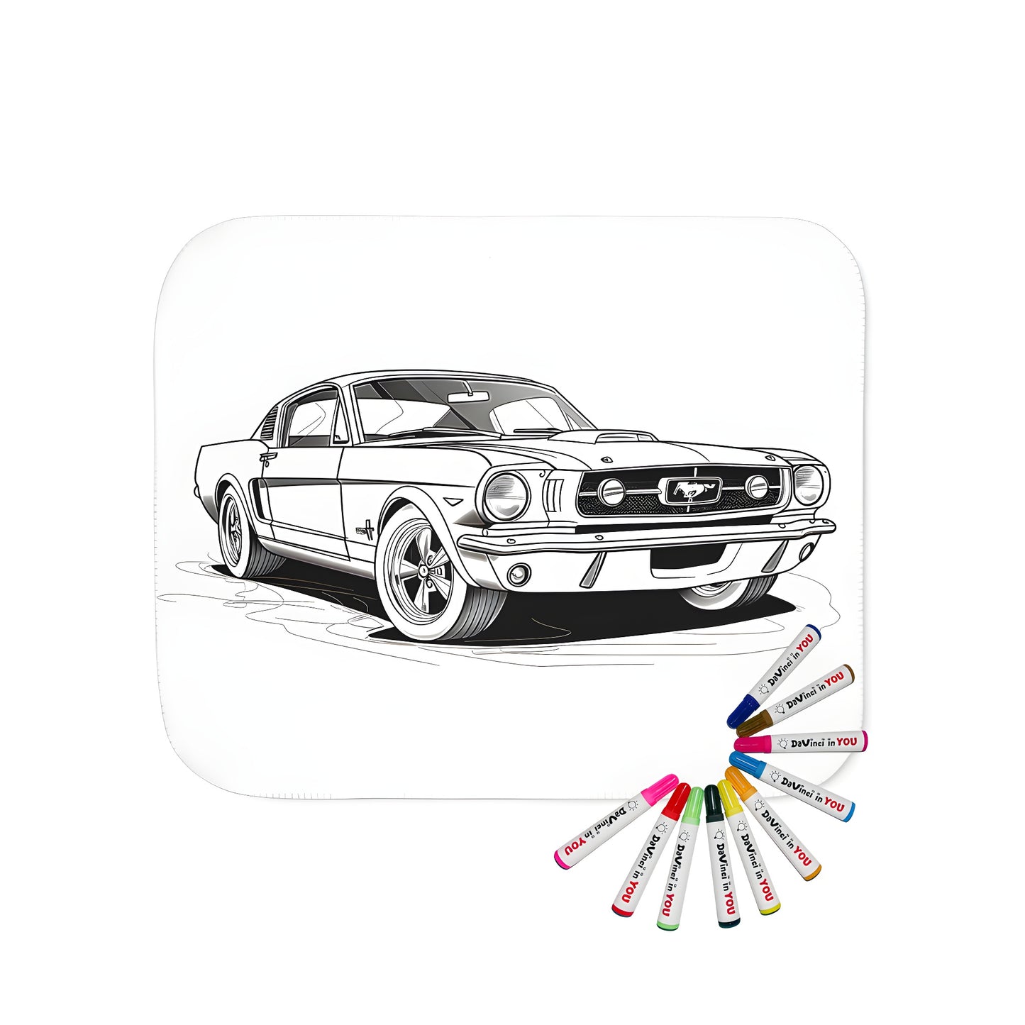 Vintage Mustang blanket with 10 vibrant fabric markers for adult coloring