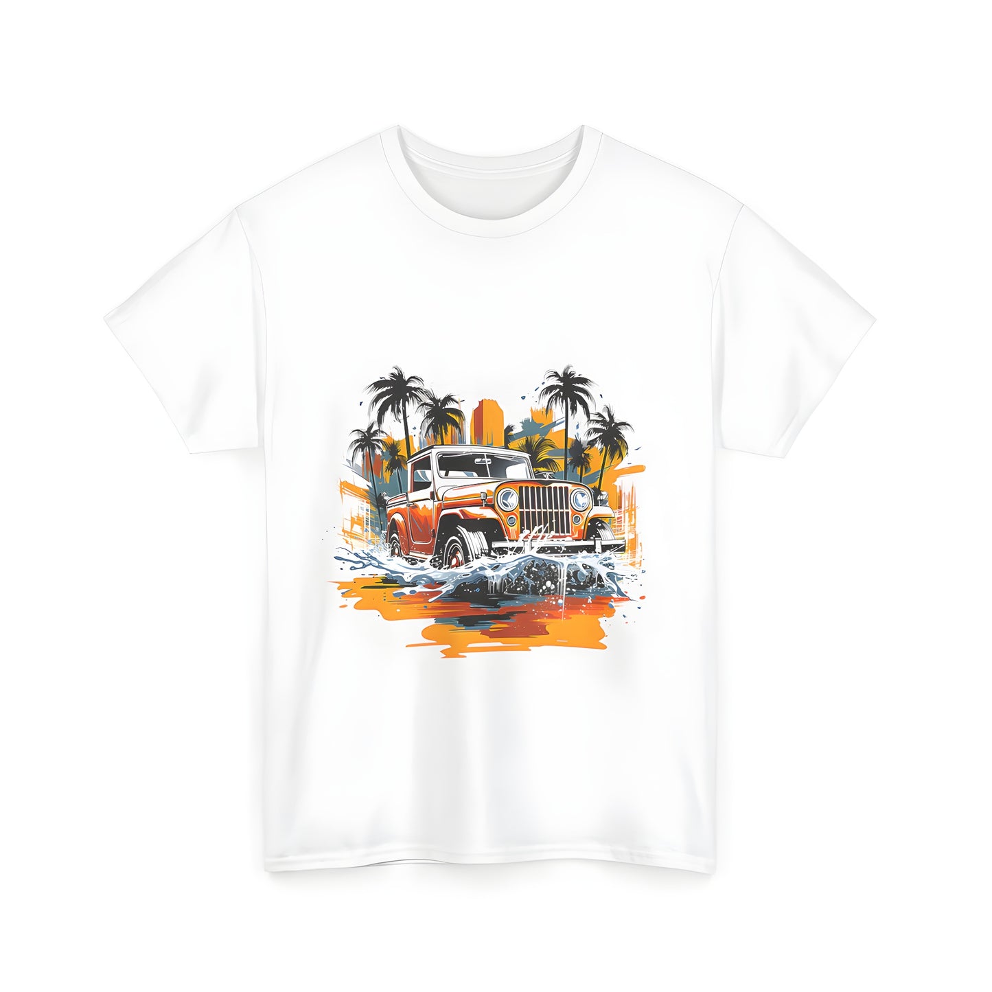 Unisex T-Shirt featuring colorful artwork of jeep driving through water with palm trees and sunset