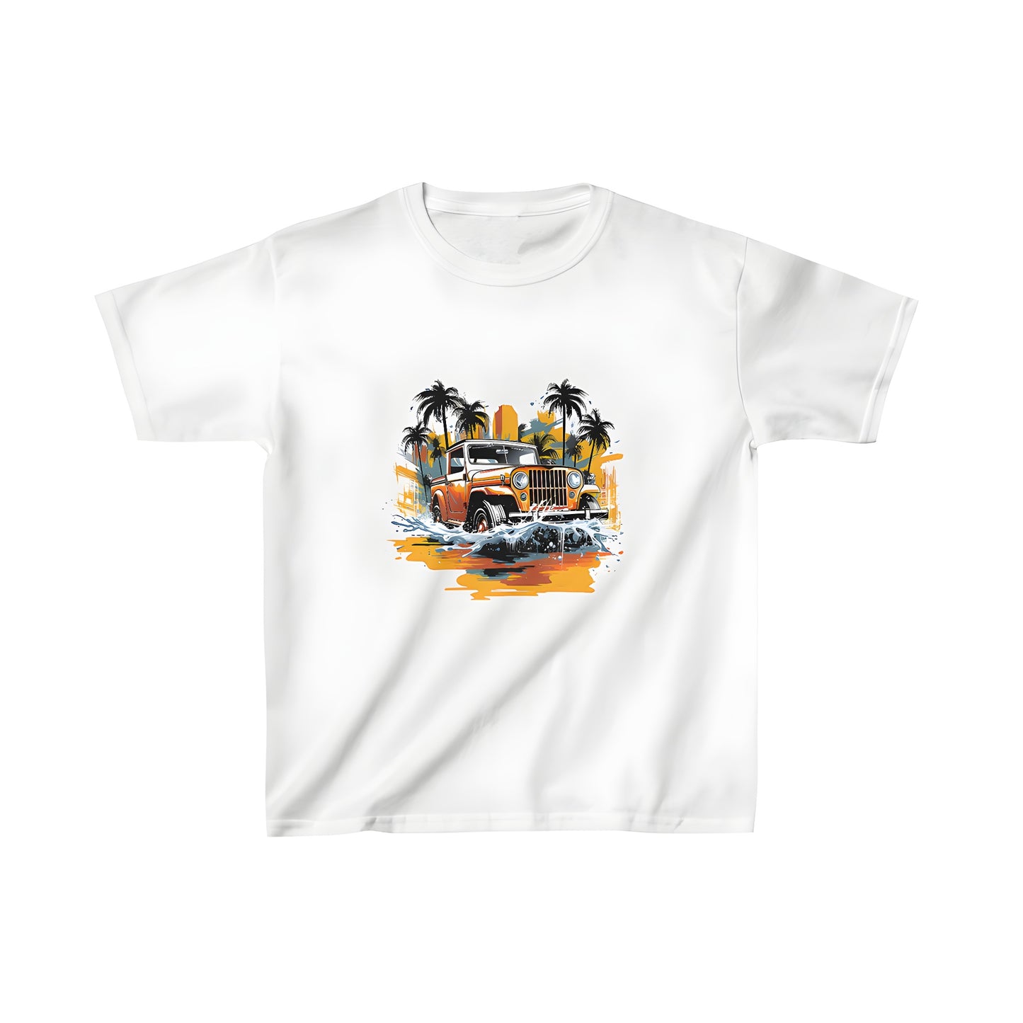 Colorful kid's t-shirt featuring a retro-style jeep driving through water with palm trees and a sunset in the background.