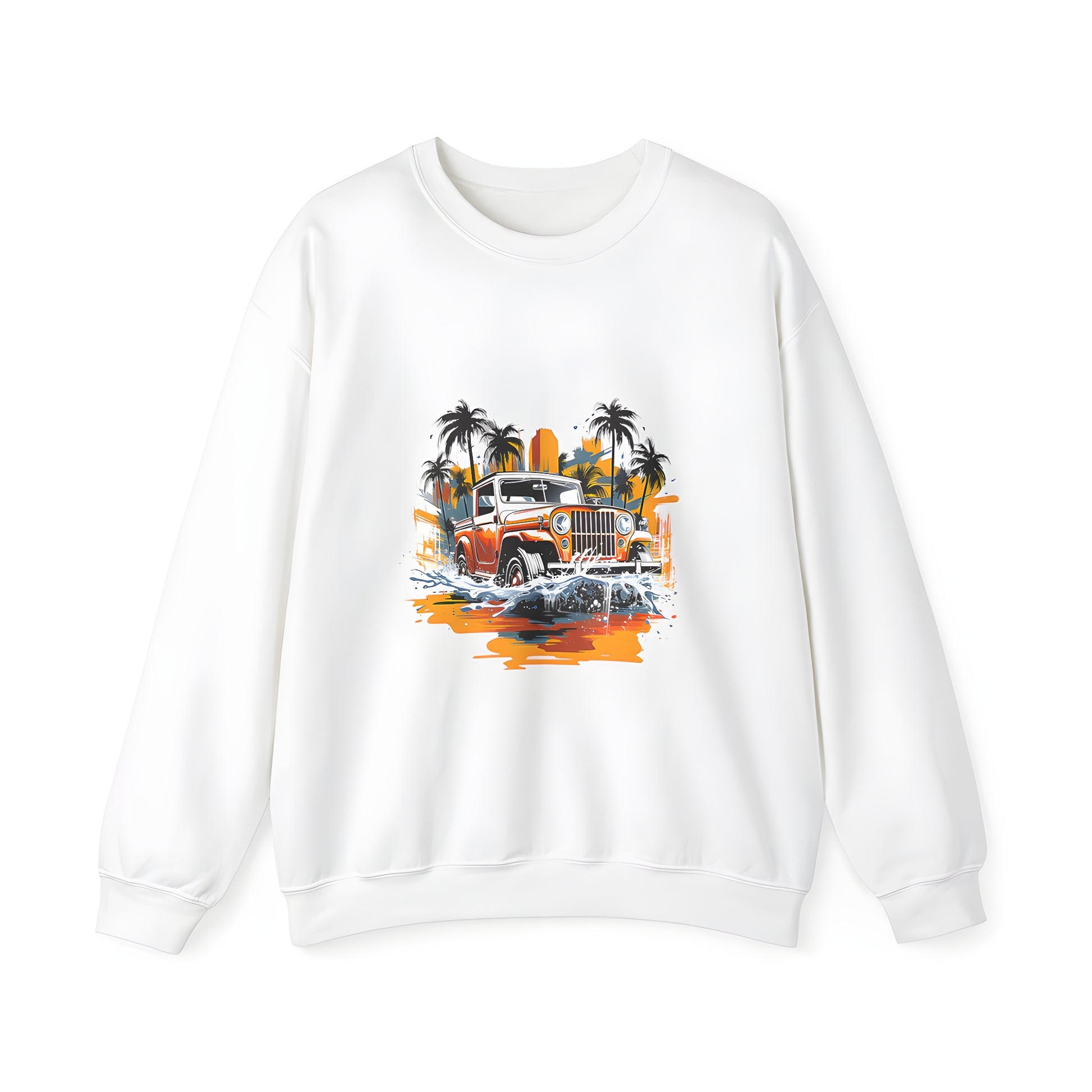 Adult sweatshirt featuring vintage jeep artwork, palm trees and sunset