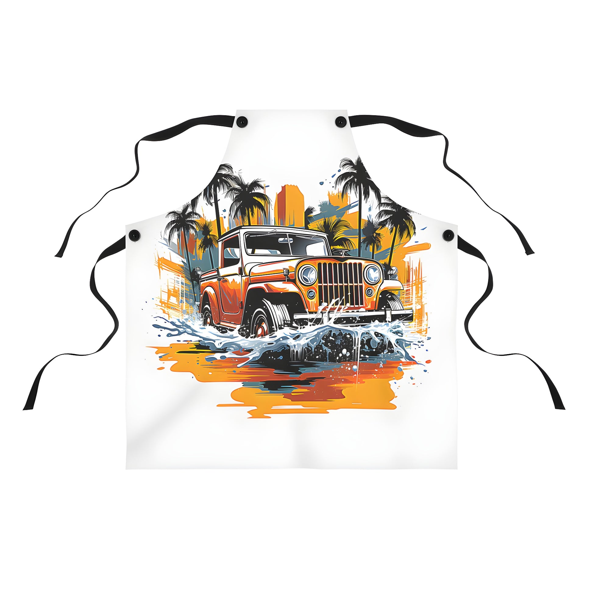 Colorful vintage jeep apron for women and men, featuring a retro car driving through water with palm trees and sunset background