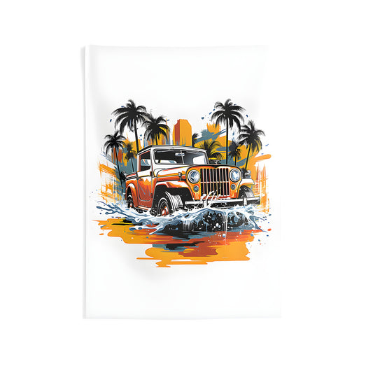 Indoor wall tapestry featuring a colorful artwork of a classic off-road vehicle driving through water with palm trees and a sunset in the background