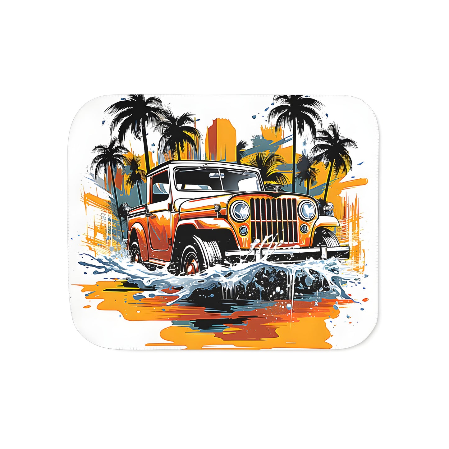 Colorful blanket featuring a retro jeep driving through water with palm trees and a sunset in the background