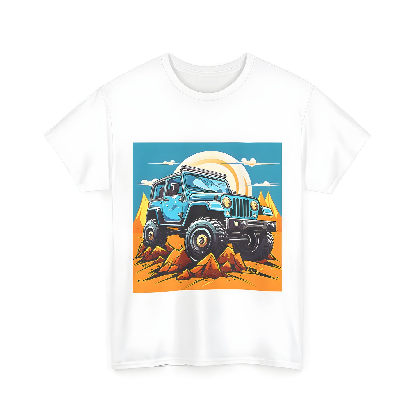 Colorful desert adventure tee featuring a fun cartoon SUV - perfect for off-roading enthusiasts and outdoor lovers alike