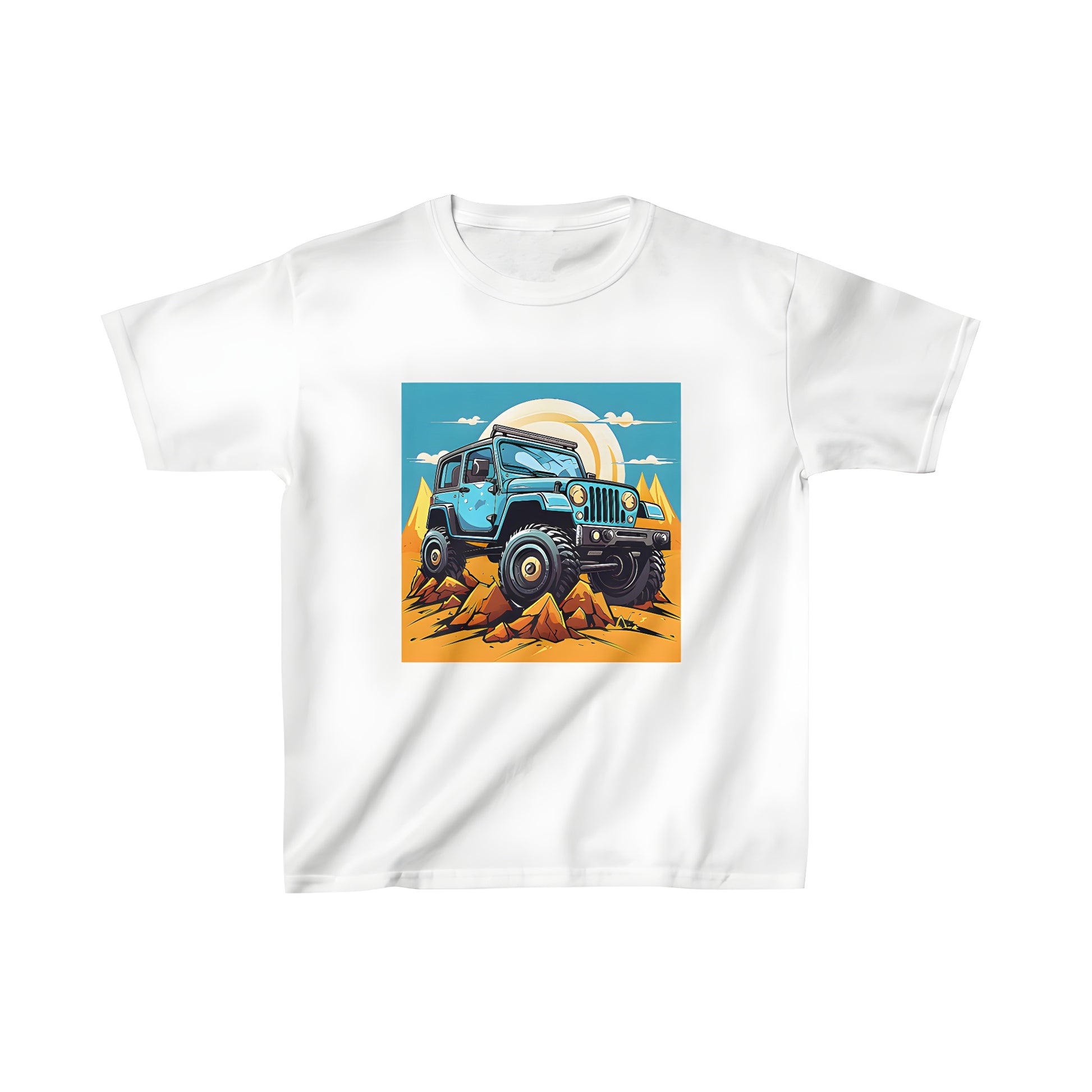 Colorful kid's t-shirt featuring an off-road desert jeep adventure scene