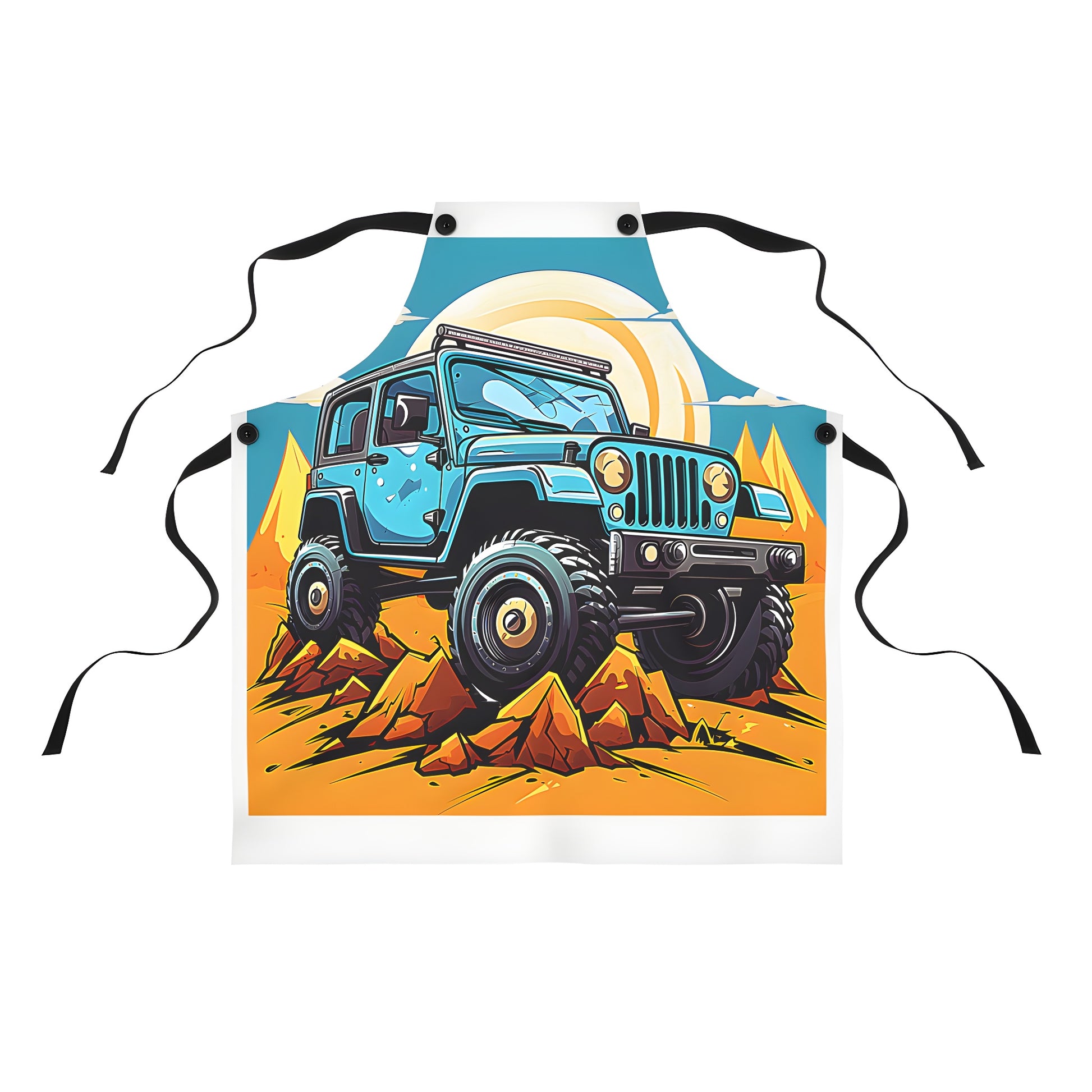 Colorful outdoor-inspired apron featuring an off-road vehicle design for rugged fashion enthusiasts and adventure seekers