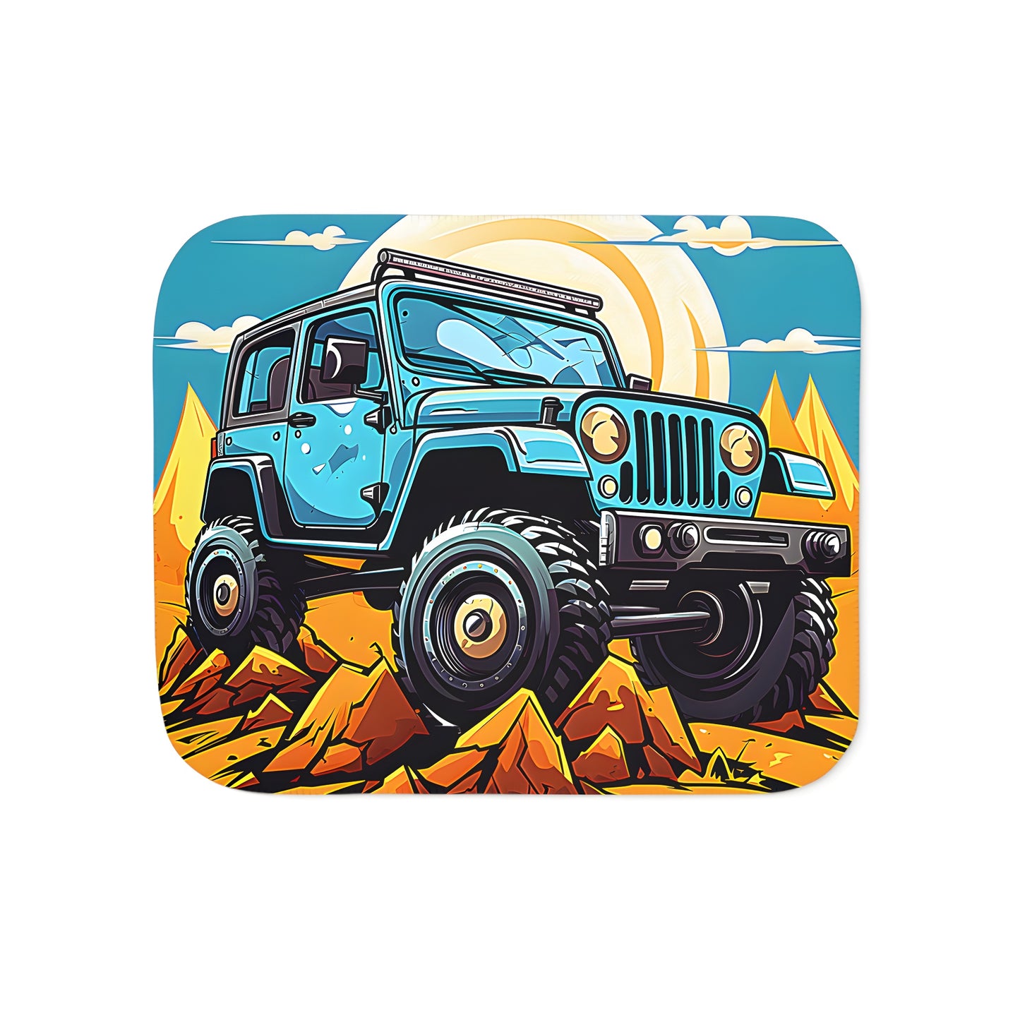 Cozy blanket featuring a fun outdoor design of a blue off-road vehicle cruising through a desert landscape