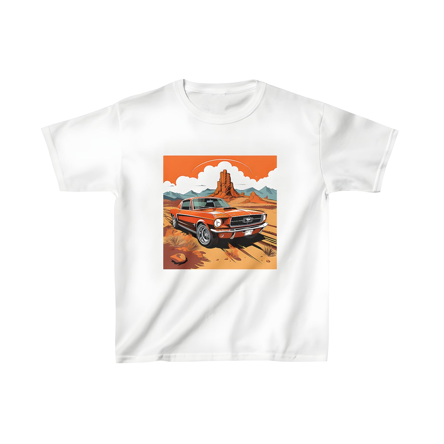 Colorful illustration of an iconic Mustang car on a kids t-shirt
