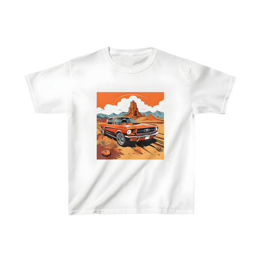 Colorful illustration of an iconic Mustang car on a kids t-shirt