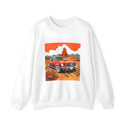 Adult sweatshirt featuring an illustration of a vintage American muscle car, reminiscent of a classic Ford Mustang, set against a serene desert landscape with majestic mountains in the background.