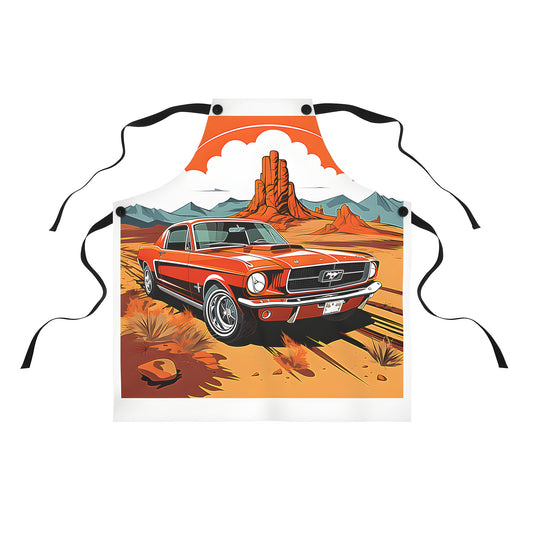 Apron featuring an illustration of a vintage American muscle car in a desert landscape