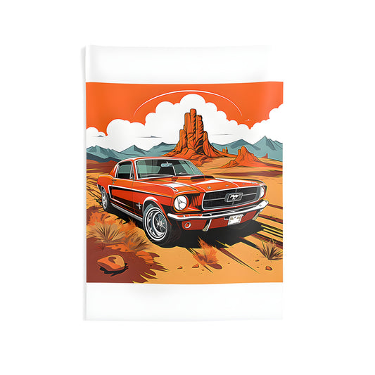 Colorful indoor wall tapestry featuring an illustration of a vintage orange Mustang car in a desert landscape with mountains