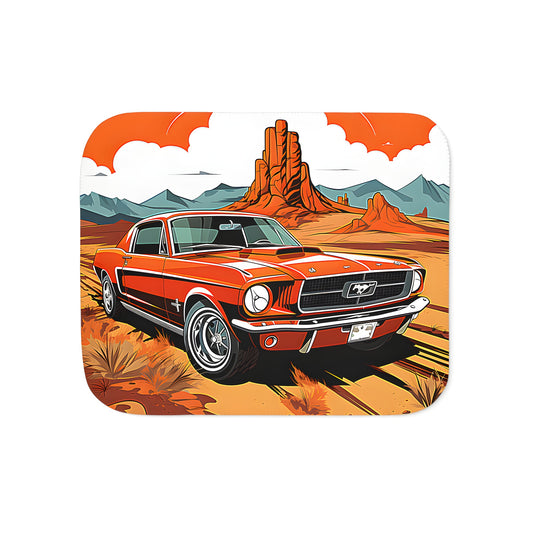 Vintage Ford Mustang blanket with an illustration of a classic American muscle car in a desert landscape