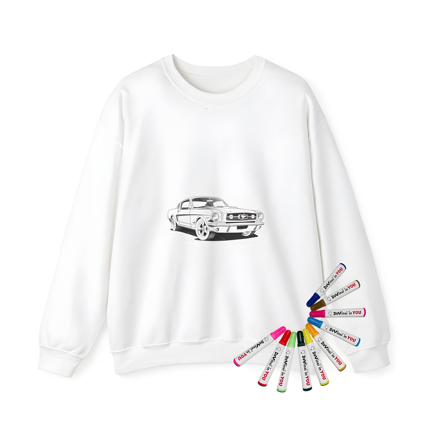 Vintage car enthusiast adult sweatshirt featuring a detailed illustration of a classic American muscle car, perfect for car racing fans and Mustang lovers